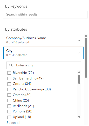 POI filter options in Business Analyst Web App