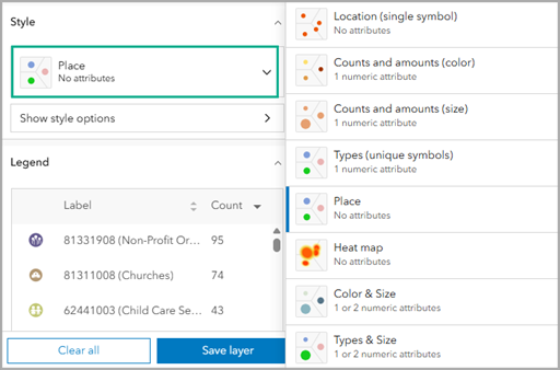 POI map style options in Business Analyst Web App