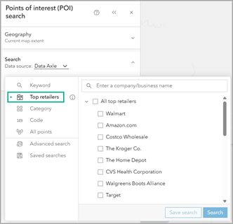 Search by top retailers in Business Analyst Web App
