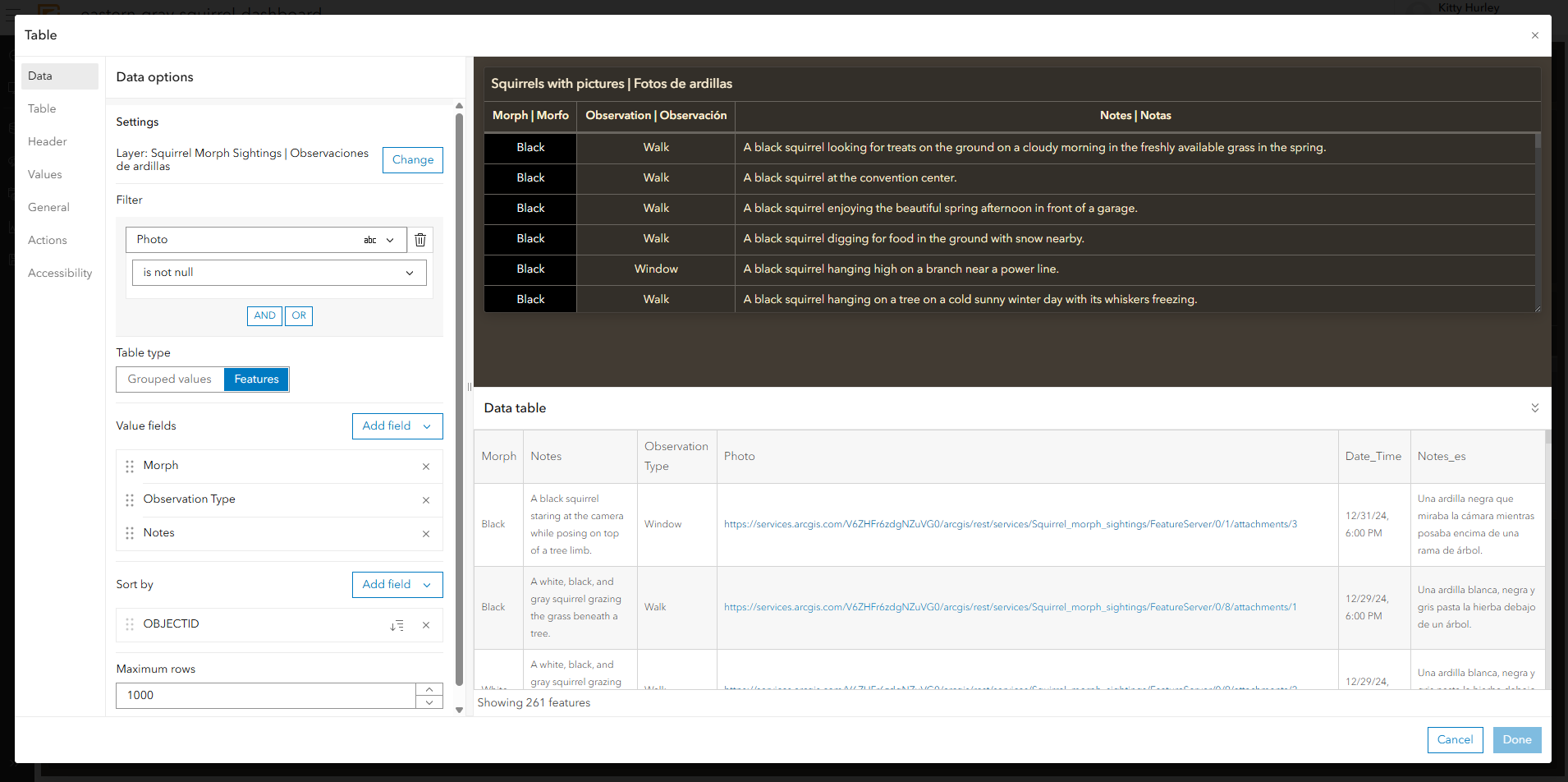 A squirrel data table using the Dashboard table element filtering data observations with only photos to provide alternative filtering for individuals to sift through while interacting with the dashboard.