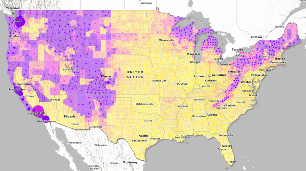 Screenshot of the web map displaying counties for the continental U.S. The web map is multi-scale, meaning they show state data when zoomed out far enough, then county and tract data as you zoom in.