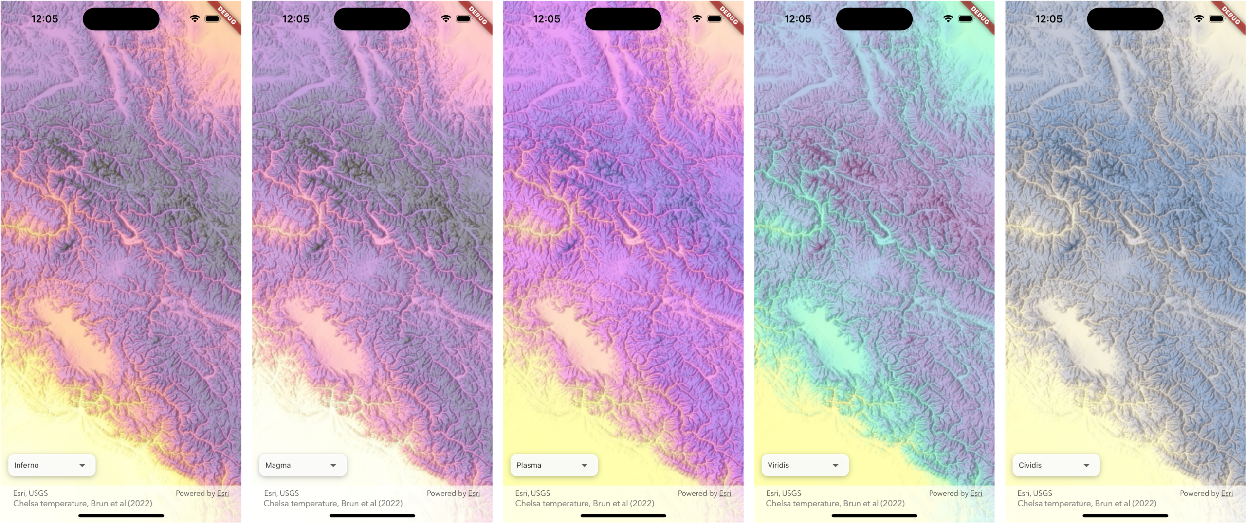 Five mobile phone screenshots displaying color-blind friendly color ramps.