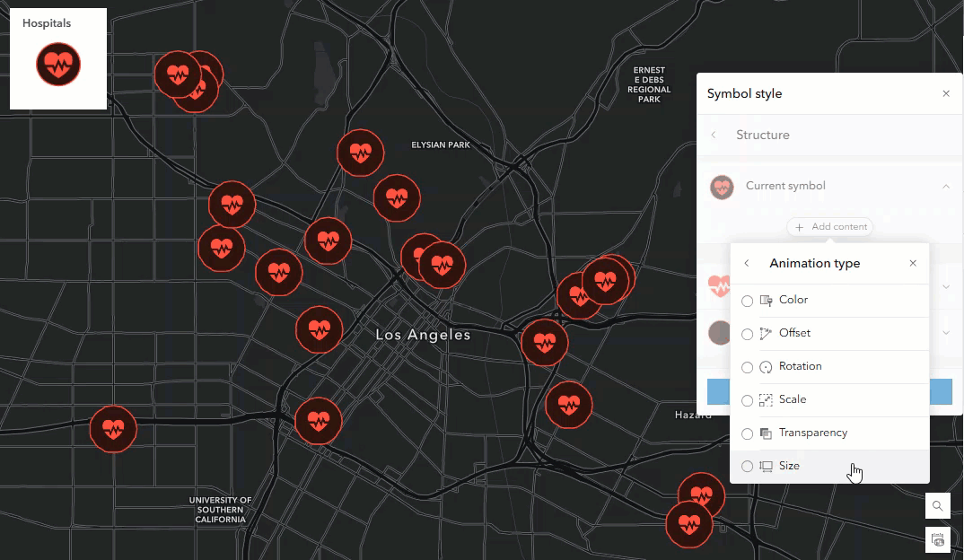 Hospital symbols with pulsing hearts created with size animation within a dark map.