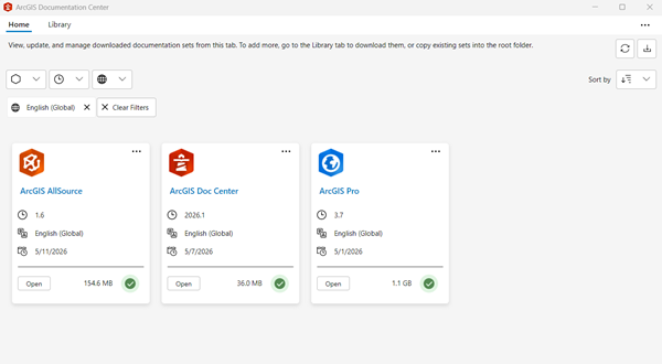 The ArcGIS Documentation Center Home page with ArcGIS AllSource, ArcGIS Doc Center, and ArcGIS Pro help sets.