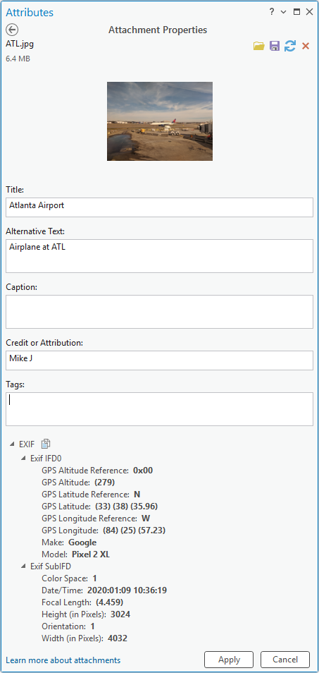 Attachment Properties showing a file with EXIF data, which is stored with the attachment