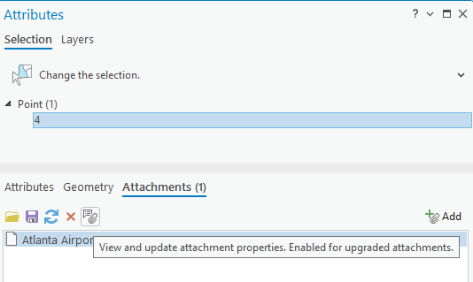 Attributes pane Attachments tab showing the Properties screentip