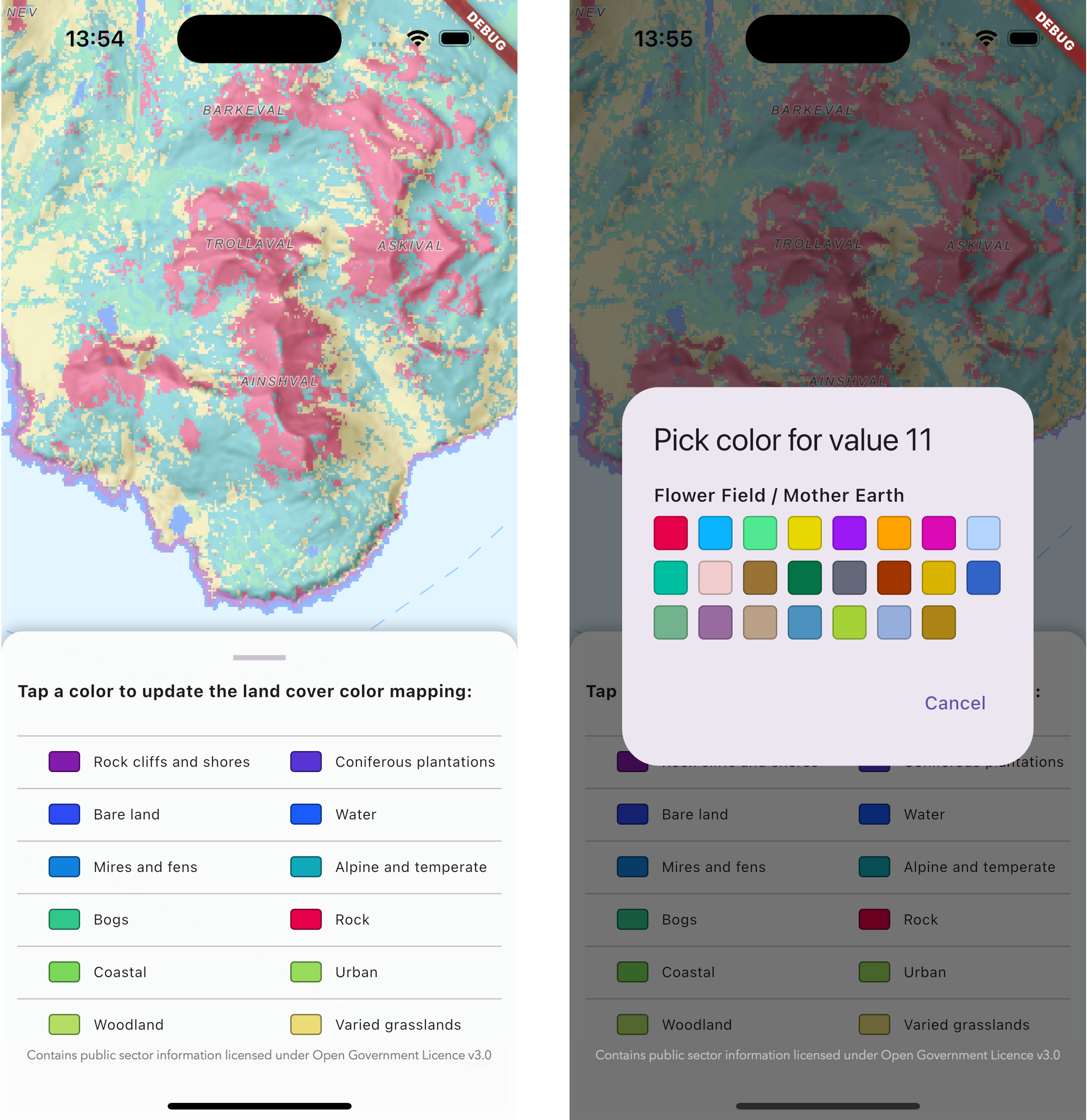 Mobile screenshot showing a map rendered with multiple colors, and a legend showing what colors map to what land cover categories.
