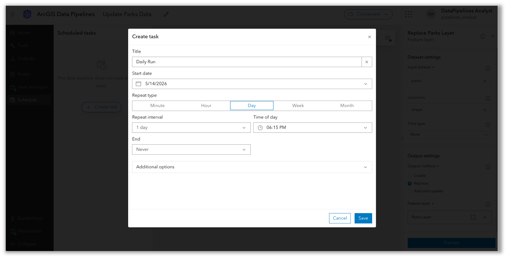 Create a task to schedule data pipelines to run on the interval of your choosing. This task is set to run each day, just after the source data is updated.