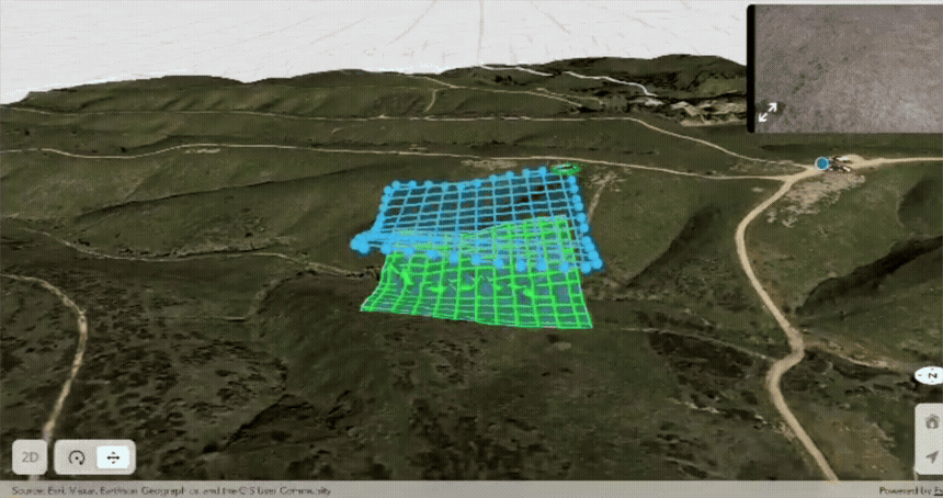 Gif of the Flight app showing a live flight of the drone flying with custom elevation data