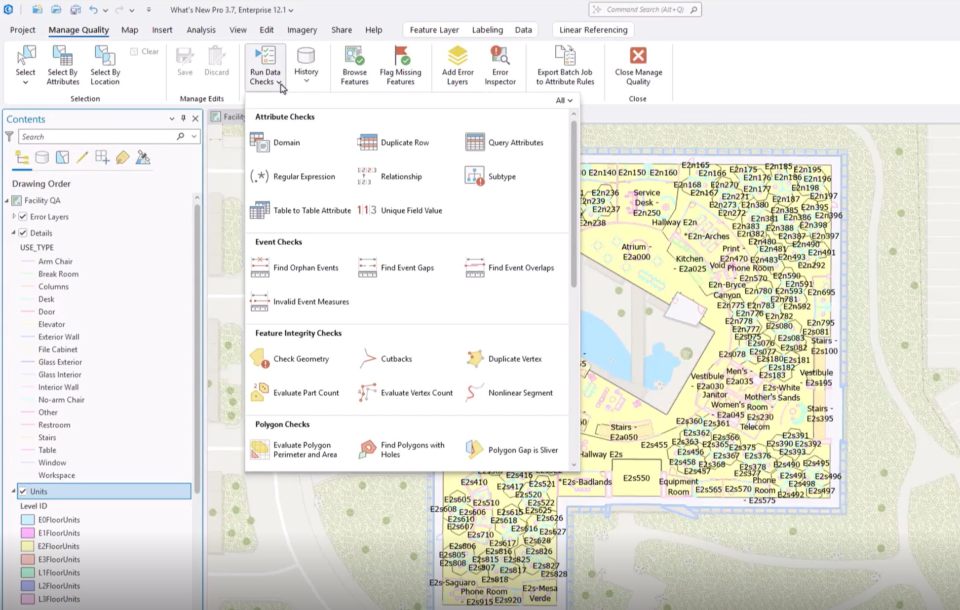 ArcGIS Data Reviewer automates, simplifies, standardizes, and improves quality control workflows to enable delivery of geospatial data you can trust. Shown here is pane of automated checks, including the new duplicate row check.