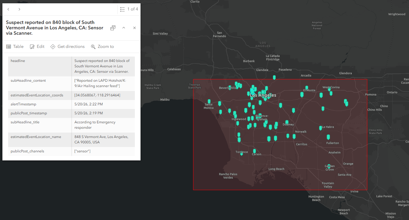 A map showing Dataminr alerts occurring within a defined area of interest.