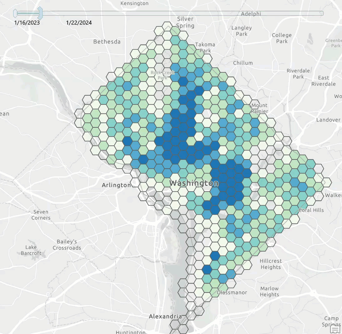 Animated gif showing a time-enabled hex bin aggregation layer over DC stepping through each time interval, revealing different spatial aggregation patterns over time.
