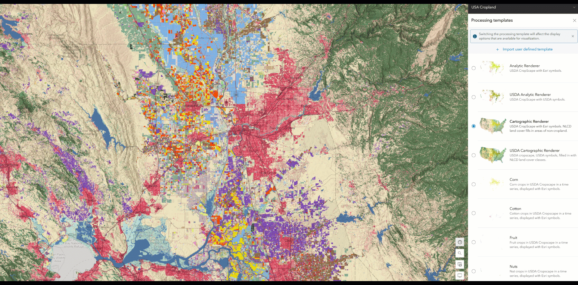 Changing processing templates around Sacramento isolates cropland or major crops like rice