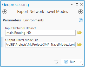 Export Network Travel Modes geoprocessing tool dialog