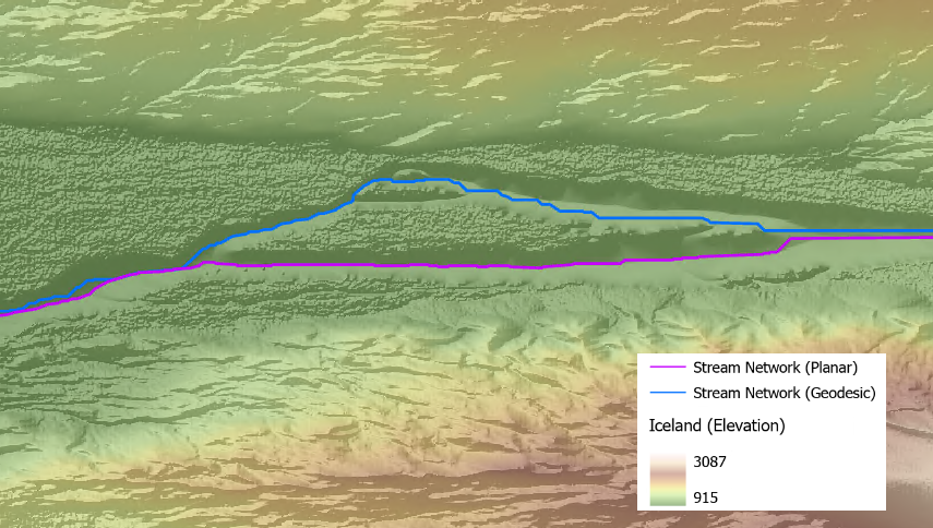 Stream network comparison: geodesic vs planar