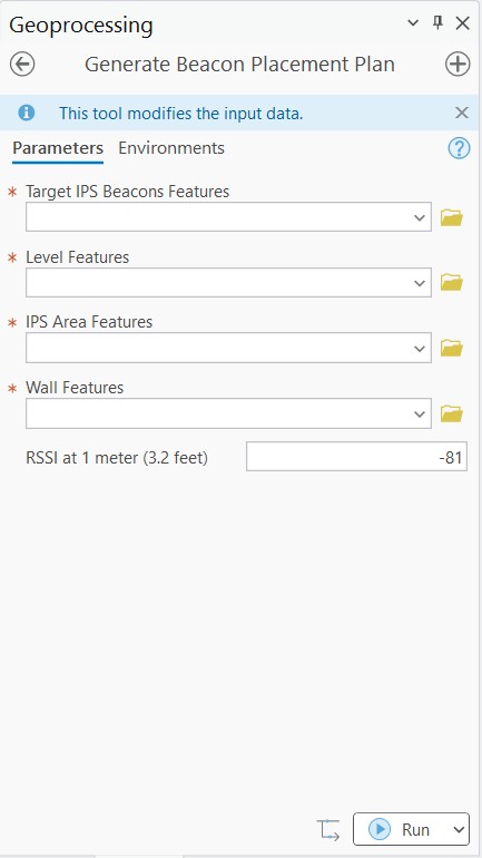 Geoprocessing pane for the Generate Beacon Placement Plan tool with its required parameters.