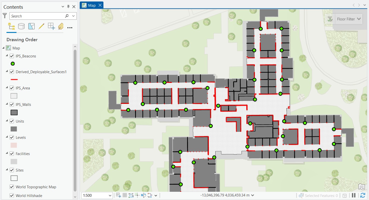 Facility map with wall features, wall surfaces designating for deploying beacons, and beacon points, generated with the Generate Beacon Placement Plan tool.