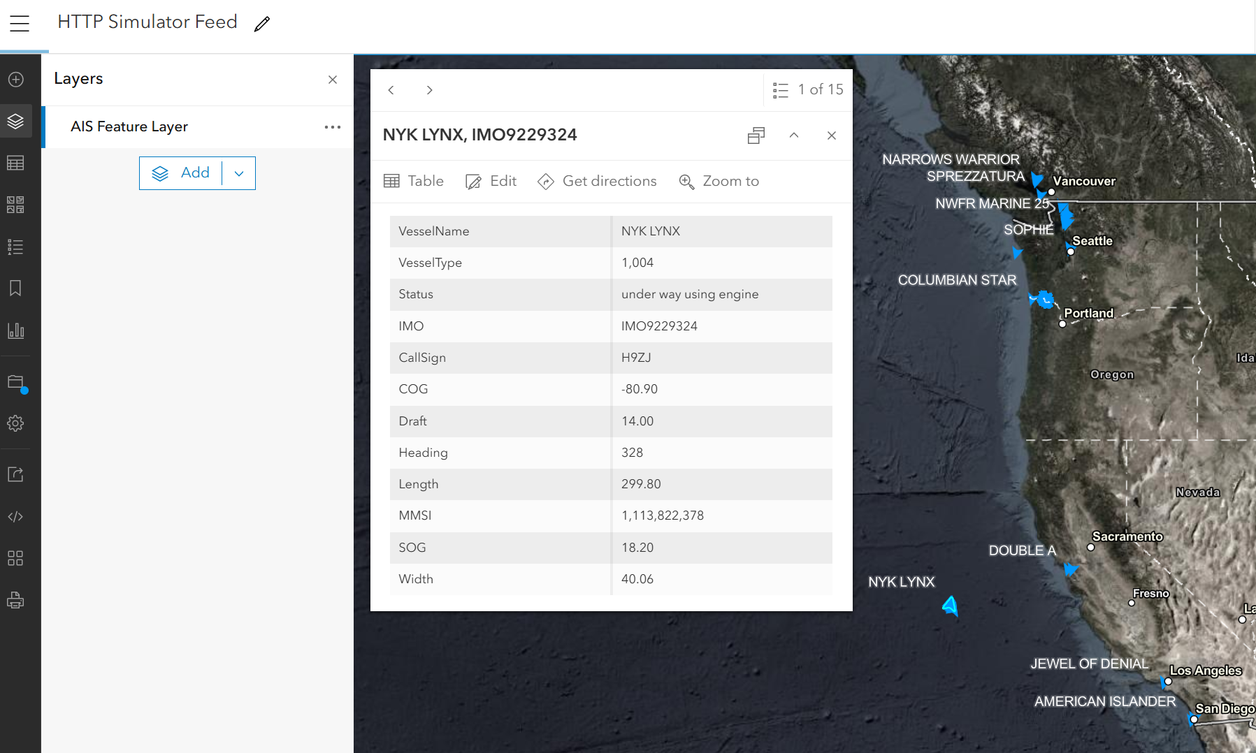 Map with vessel locations, labeled, and a pop up is displayed showing the associated vessel information.