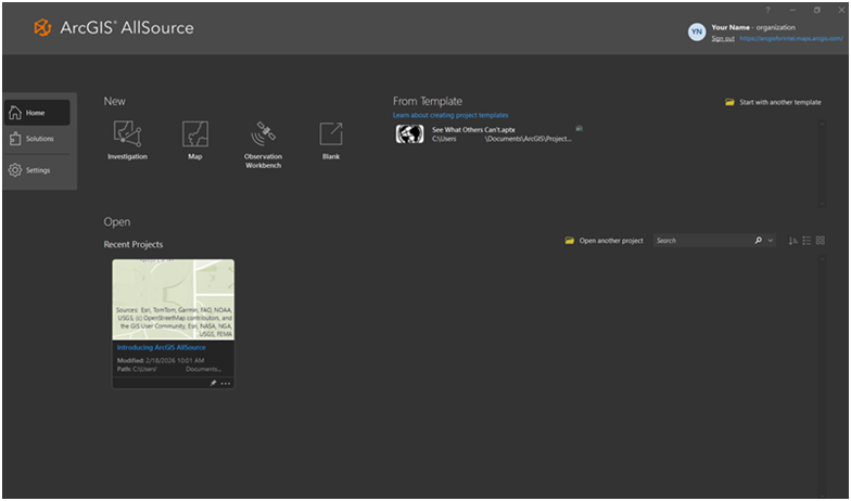 The ArcGIS AllSource 1.6 Home page with a recent project and template.