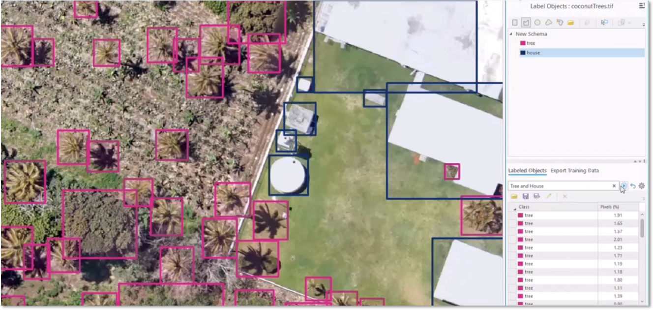Multiclass text prompt tool simultaneously labeling trees and houses in a single pass within the Label Objects pane.