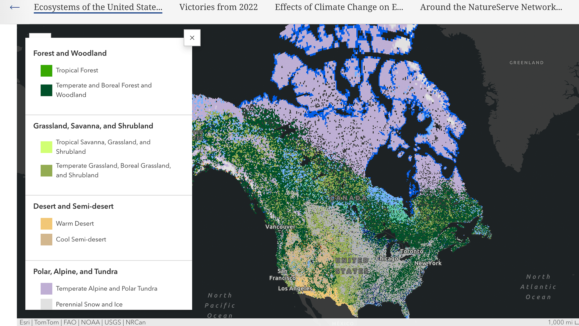 A view from NatureServe' s report, with a map of North America showing different ecosystems, including forests, grasslands, deserts, and tundra, with a color-coded legend for each ecosystem type.