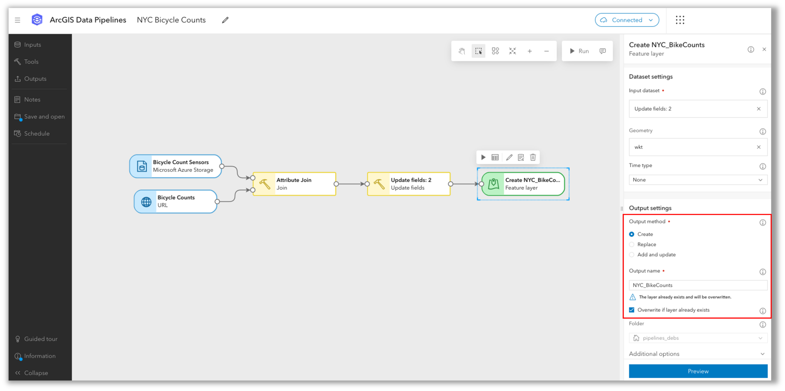 ArcGIS Data Pipelines can be configured to create a feature layer or table, replace the data in an existing feature layer or table, or add and update records in an existing feature layer or table.