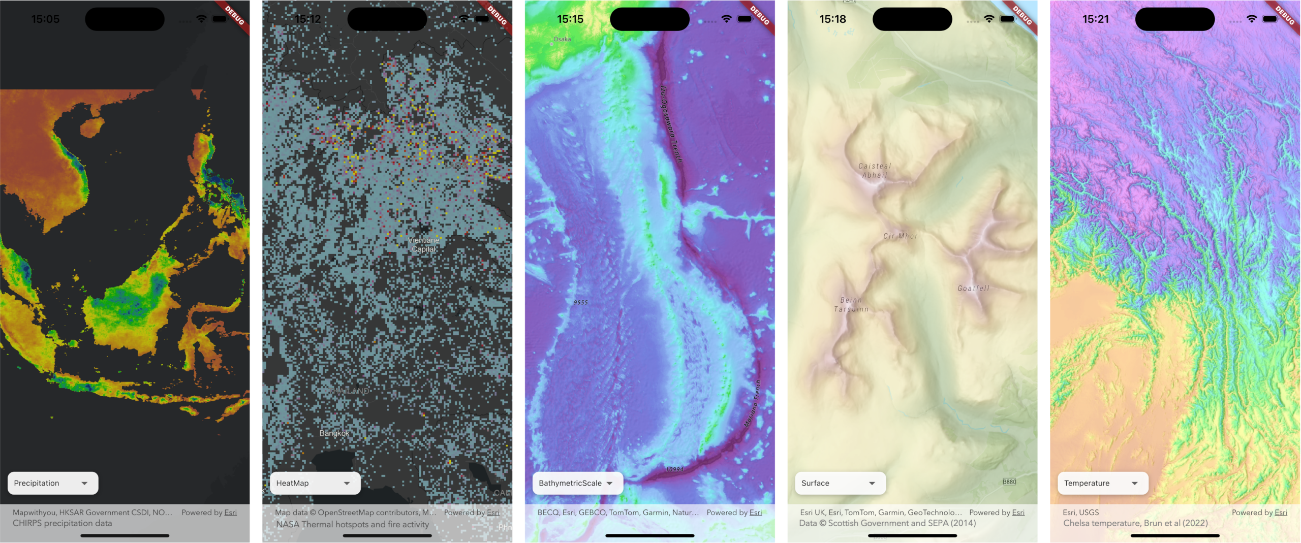 Five mobile phone screenshots displaying color ramps.