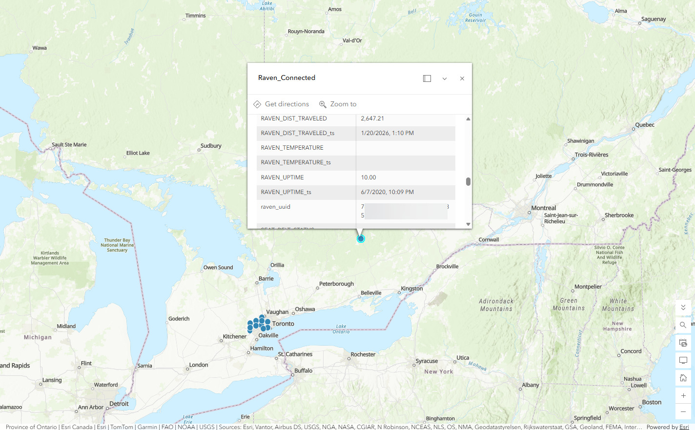 Blue dots shown represent real-time AVL data ingested from Raven Connected through ArcGIS Velocity.