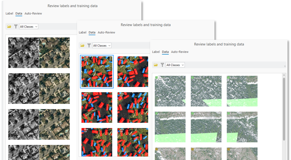 Training data review interface featuring image-to-image, instance segmentation, and pixel classification datasets.