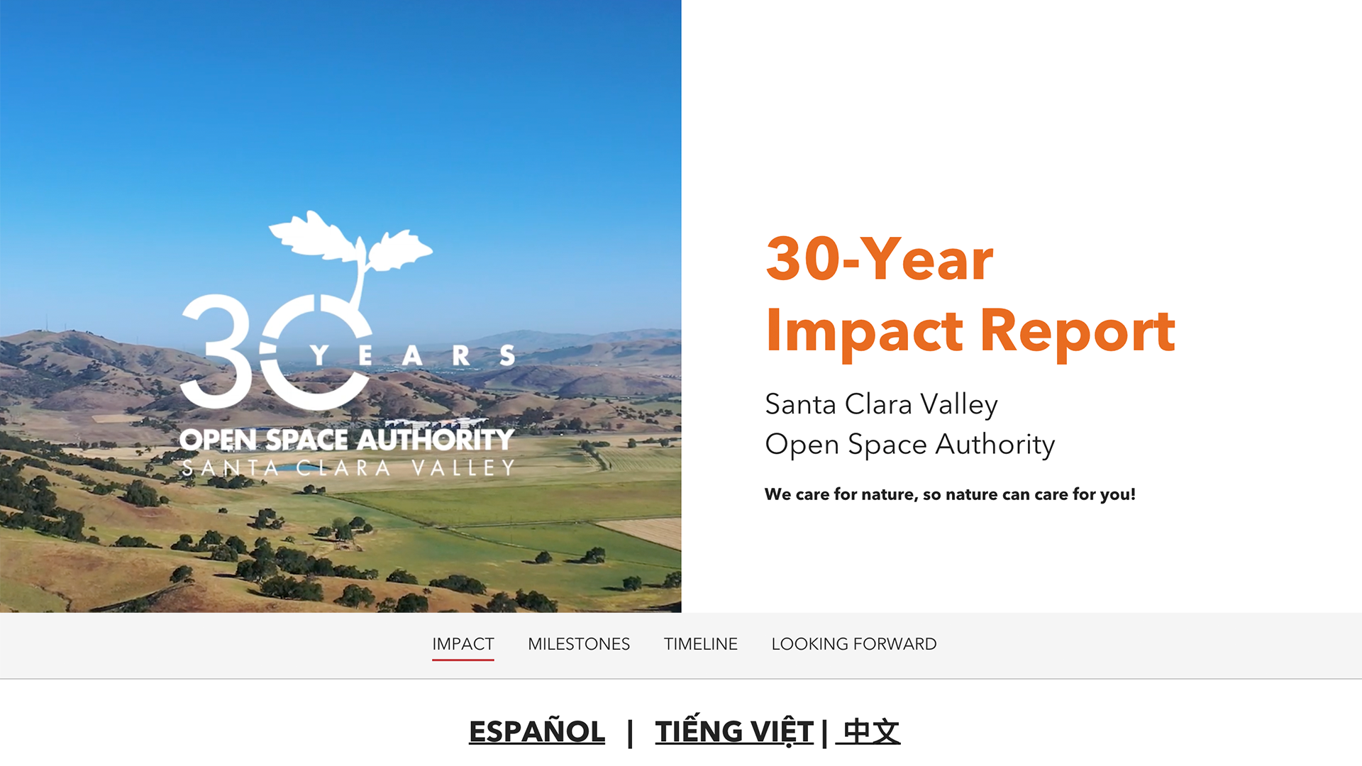Santa Clara Valley Open Space Authority's 30-Year Impact Report cover features a landscape photo, commemorative emblem, report navigation links, and links to Spanish, Vietnamese, and Chinese language versions.