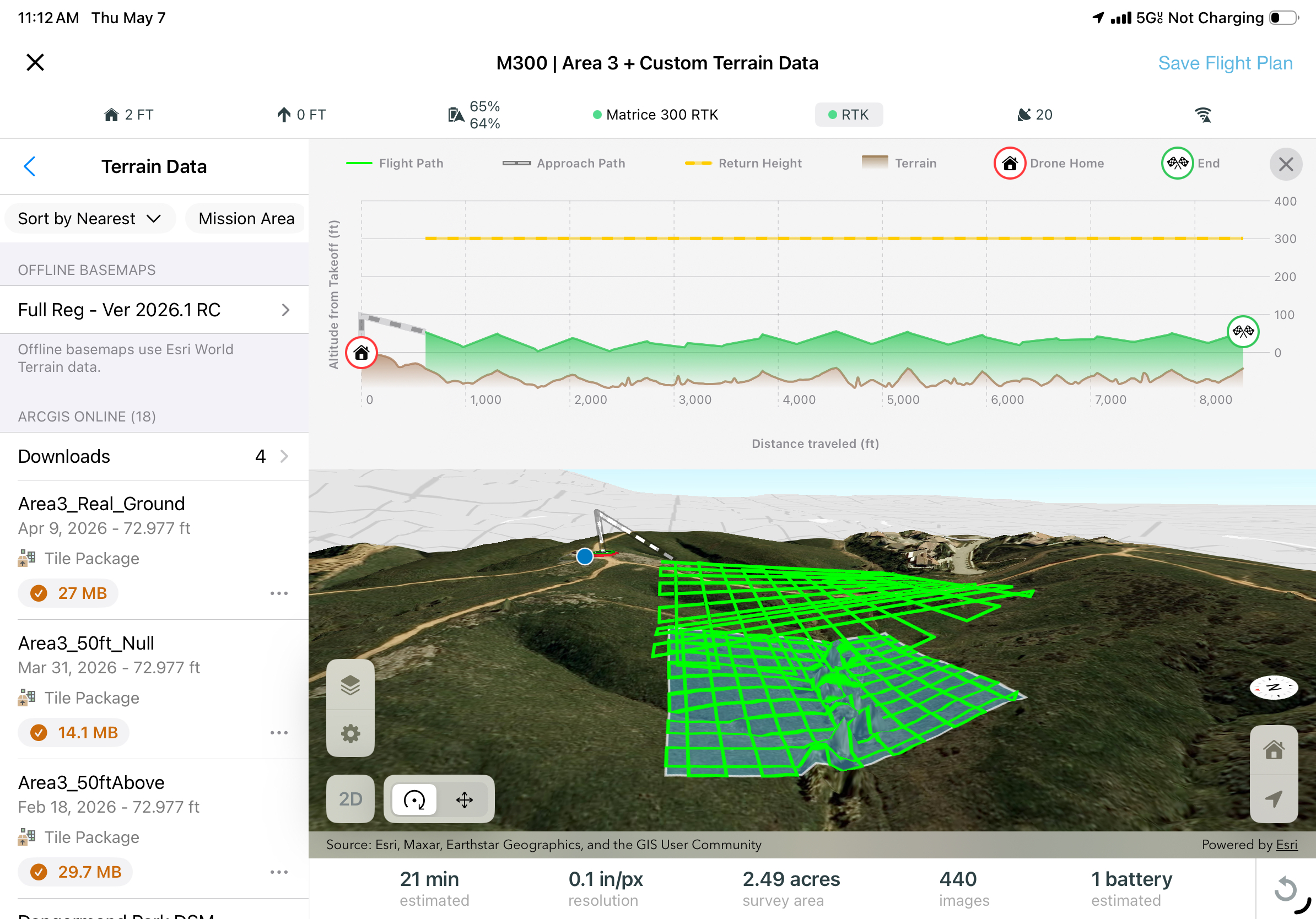 ArcGIS Flight interface showing custom elevation data