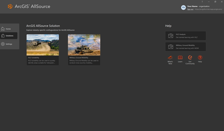 The ArcGIS AllSource Solutions page with HLZ Suitability and Military Ground Mobility.