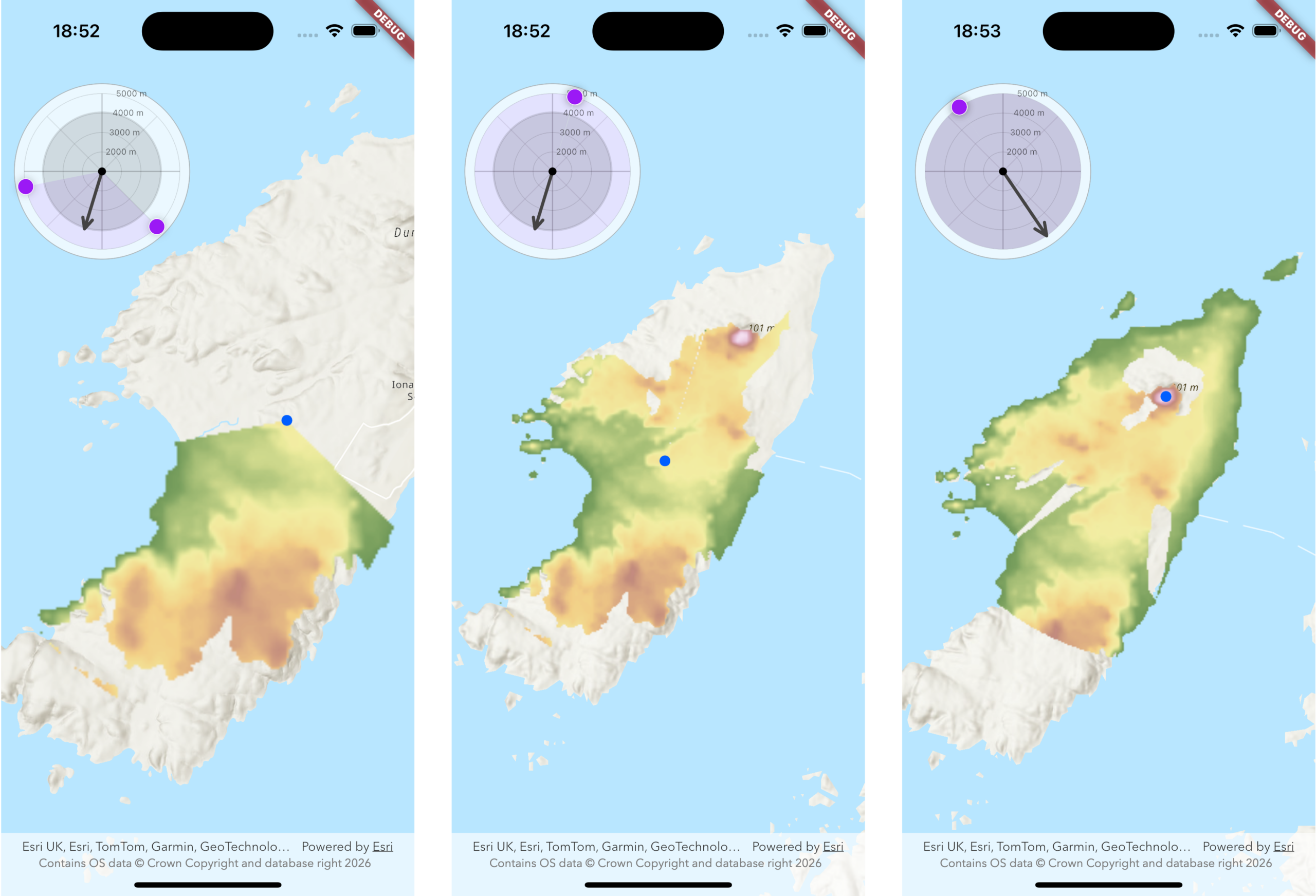 Three mobile phone screenshots showing a map with areas colored in from green to orange.