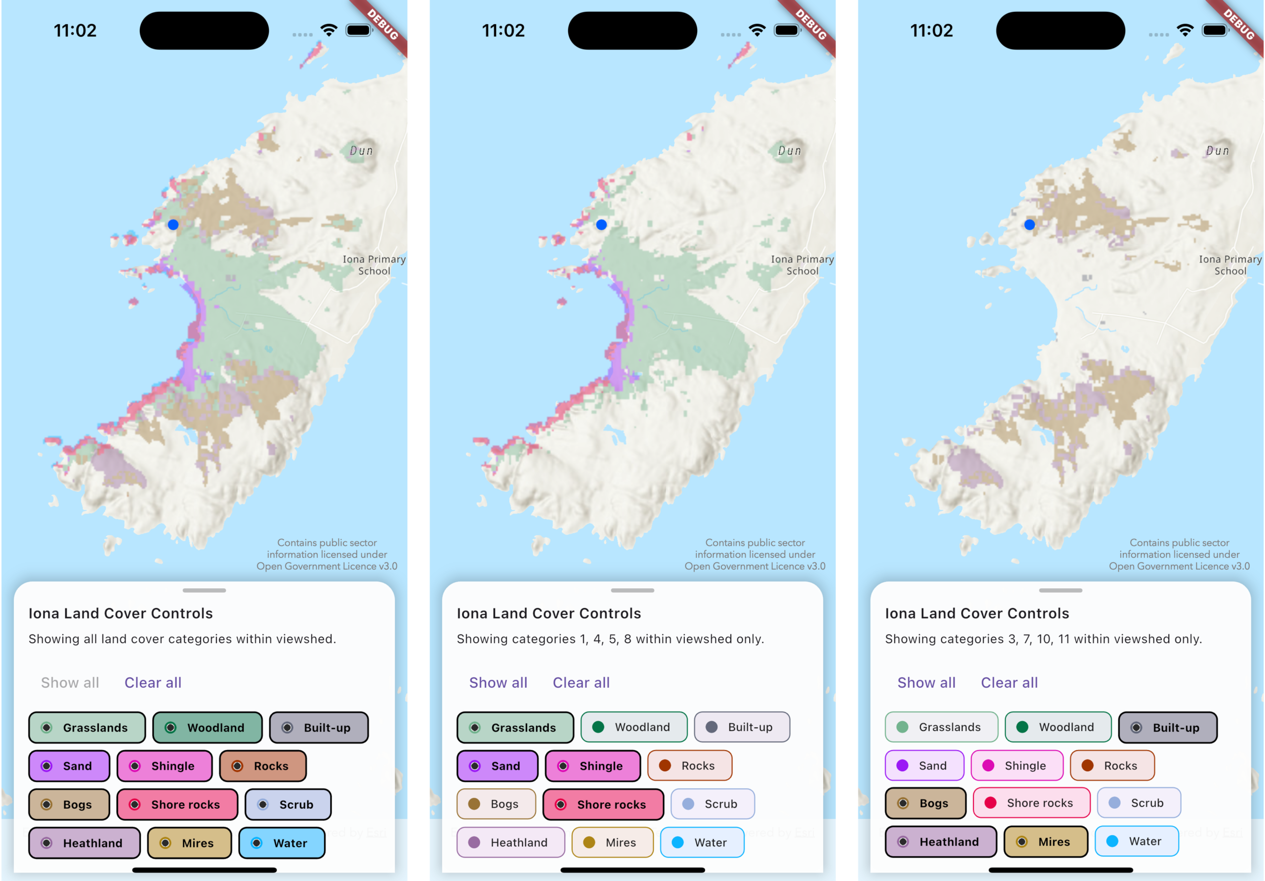 Three mobile phone screenshots showing a map with color map and legend.