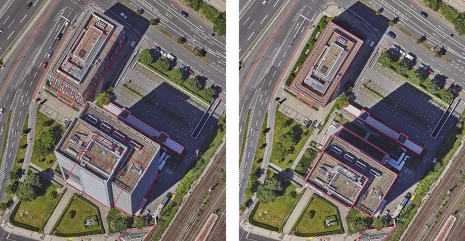 On the left a Traditional-Ortho with the building footprints overlayed. On the right it's corresponding True-Ortho. Data courtesy of Aerowest GmbH.