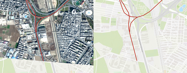 An unorthorectified image with a line layer and a basemap with a line layer side by side.