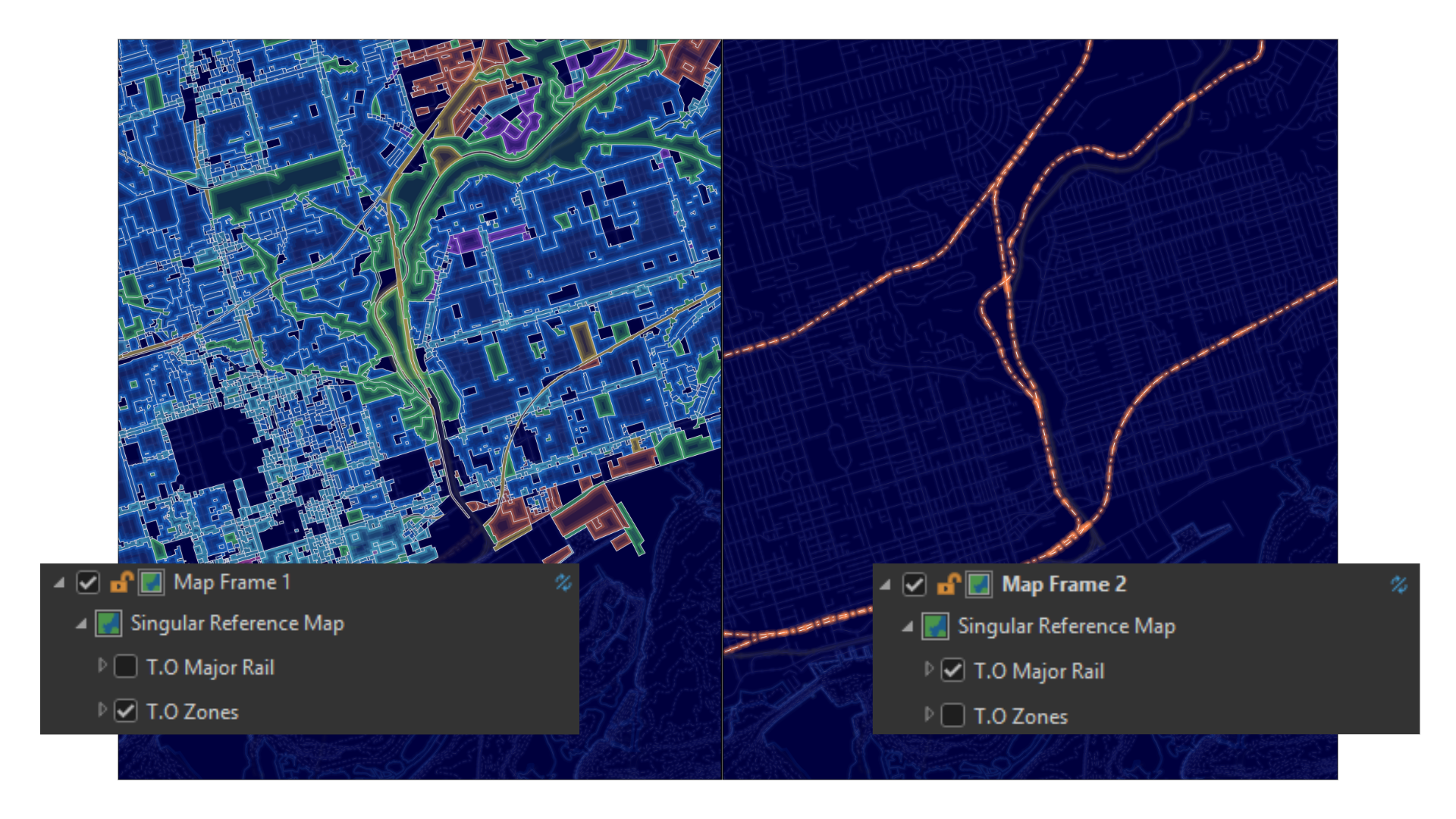 two map frames of Toronto, Canada. The left shows zones in various colors and the right shows major railroads in orange dashed lines