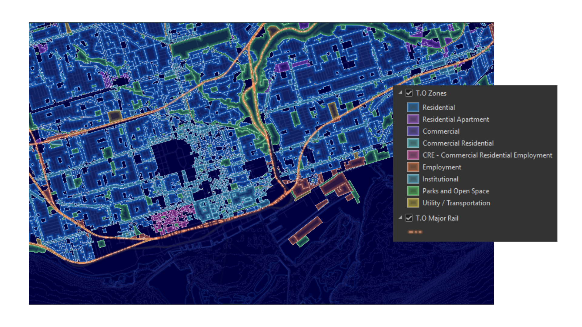 multi color map of Toronto, Canada showing municipal zones and major railroads