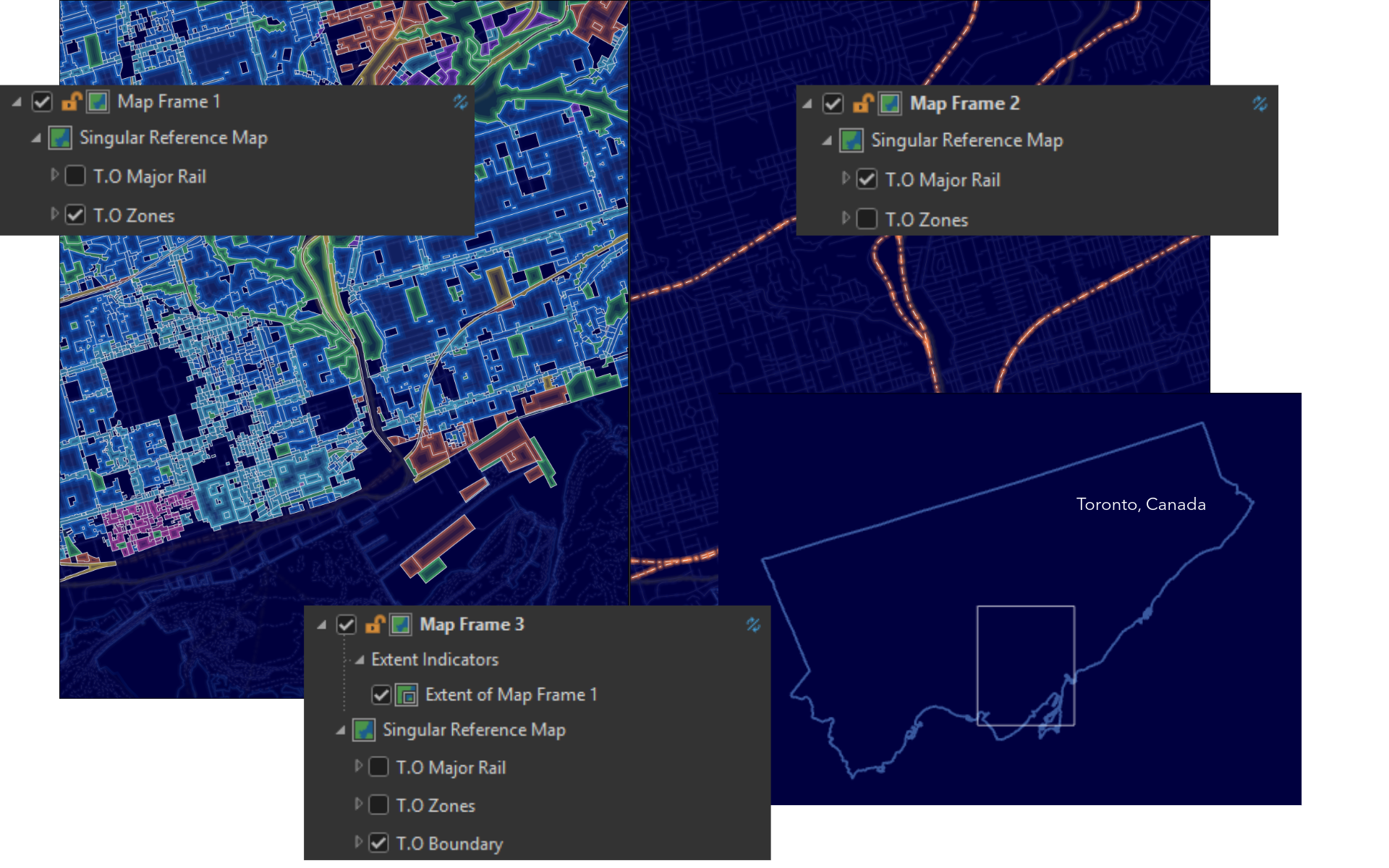 3 map frames of Toronto, Canada. 1 showing railroad data in dashed orange lines, one showing municipal zones in various colours, one is a boundary layer showing the extend of the first 2 frames