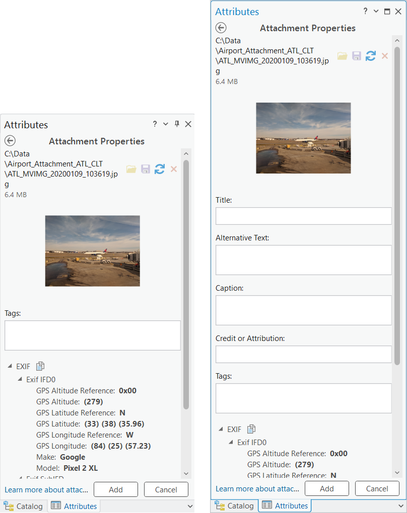 Two Attachment Properties windows side by side showing difference between upgrade level of two fields versus all six metadata fields.