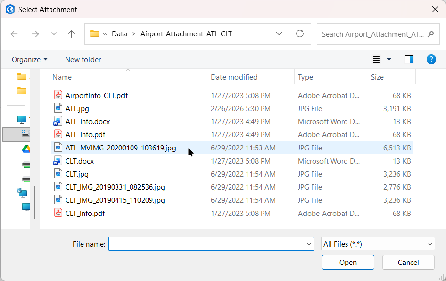 Select Attachment window shown to add an attachment during an edit.