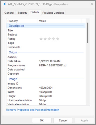 Windows Properties dialog window showing an image with basic information. This image shows the date taken, camera information and includes latitude and longitude values.