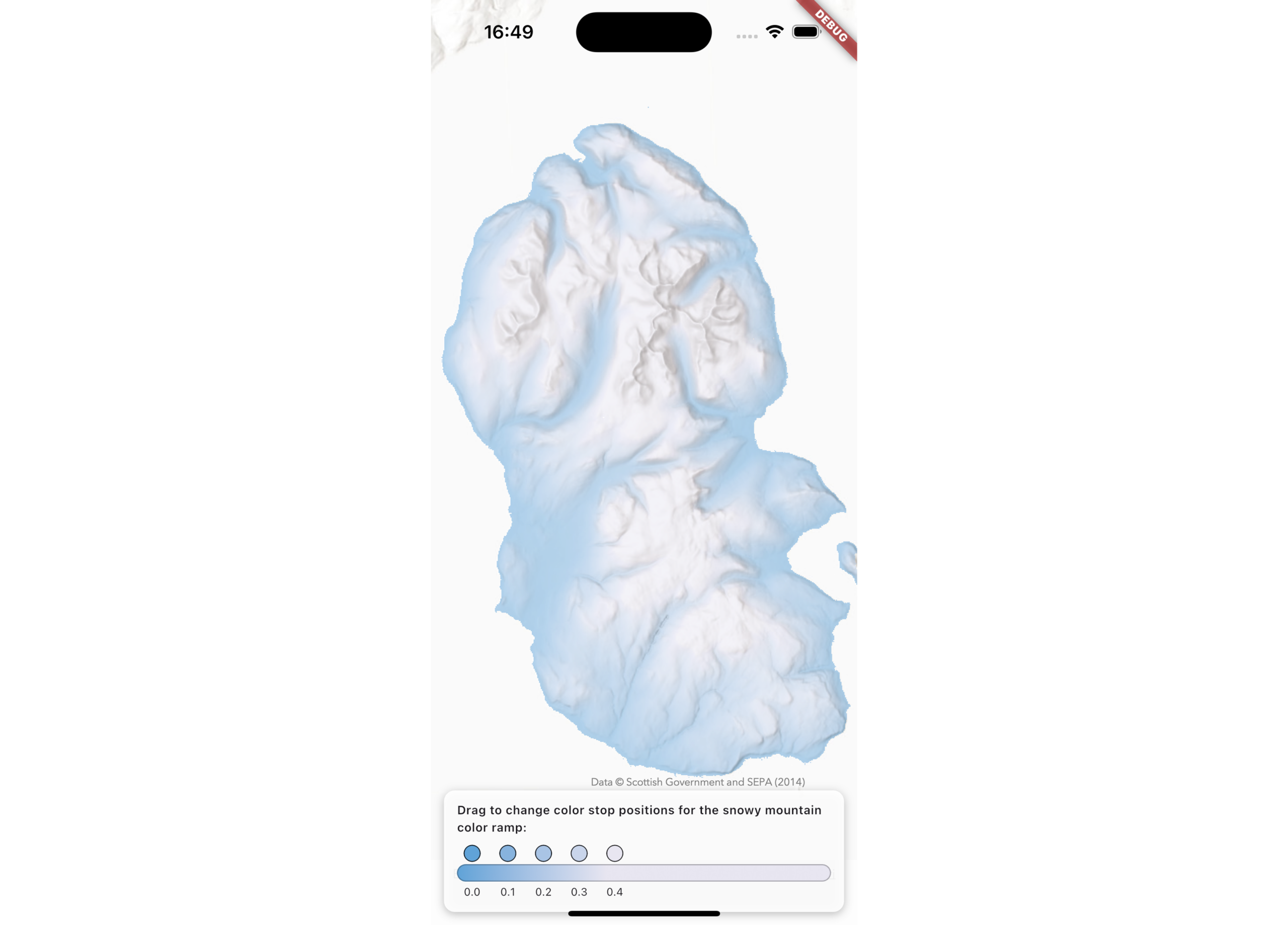 Mobile phone screenshot showing a digital terrain model rendered with a blue to white color ramp at set intervals.