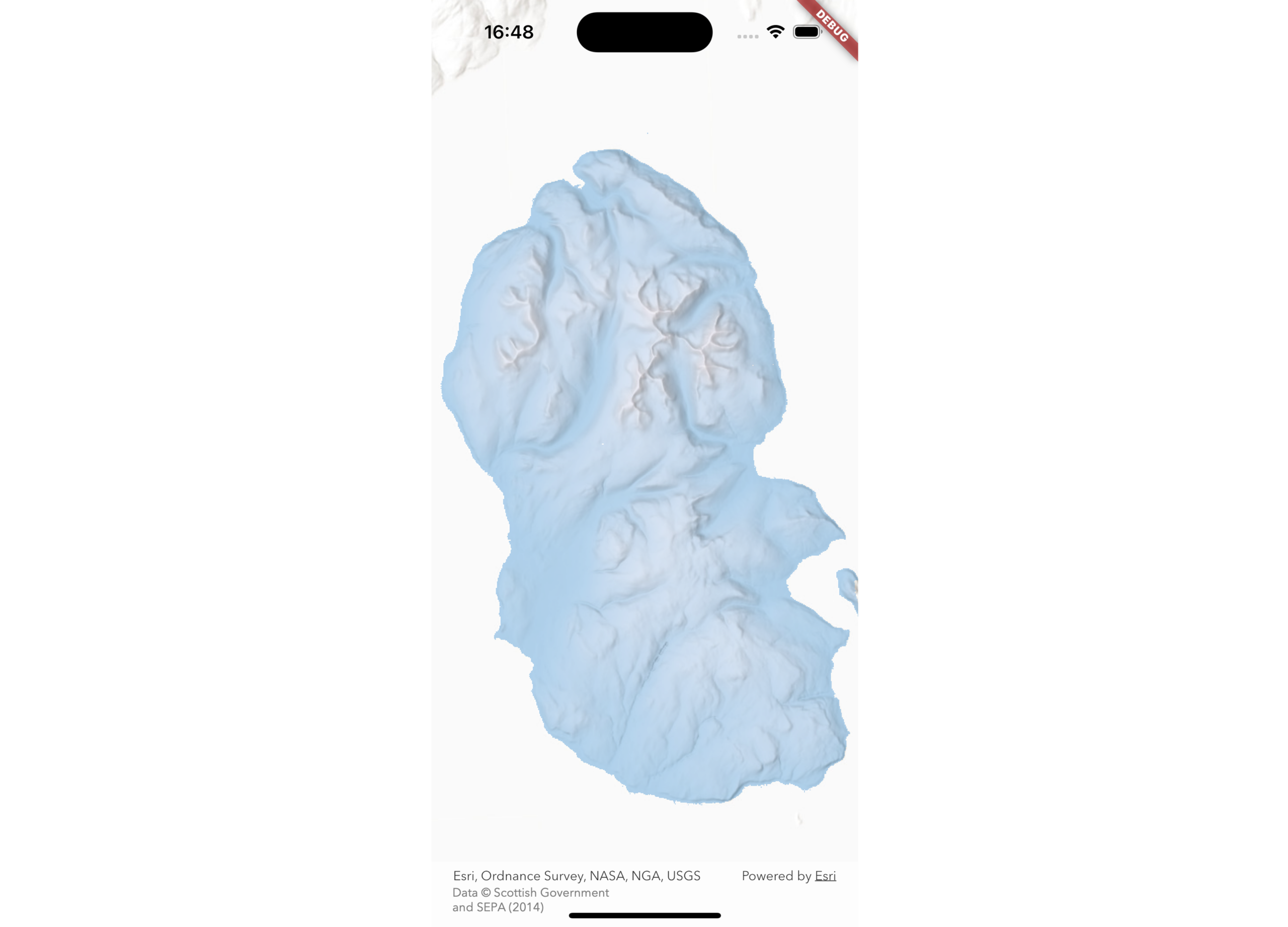 Mobile phone screenshot showing a digital elevation model of Arran with a blue to white color ramp applied.