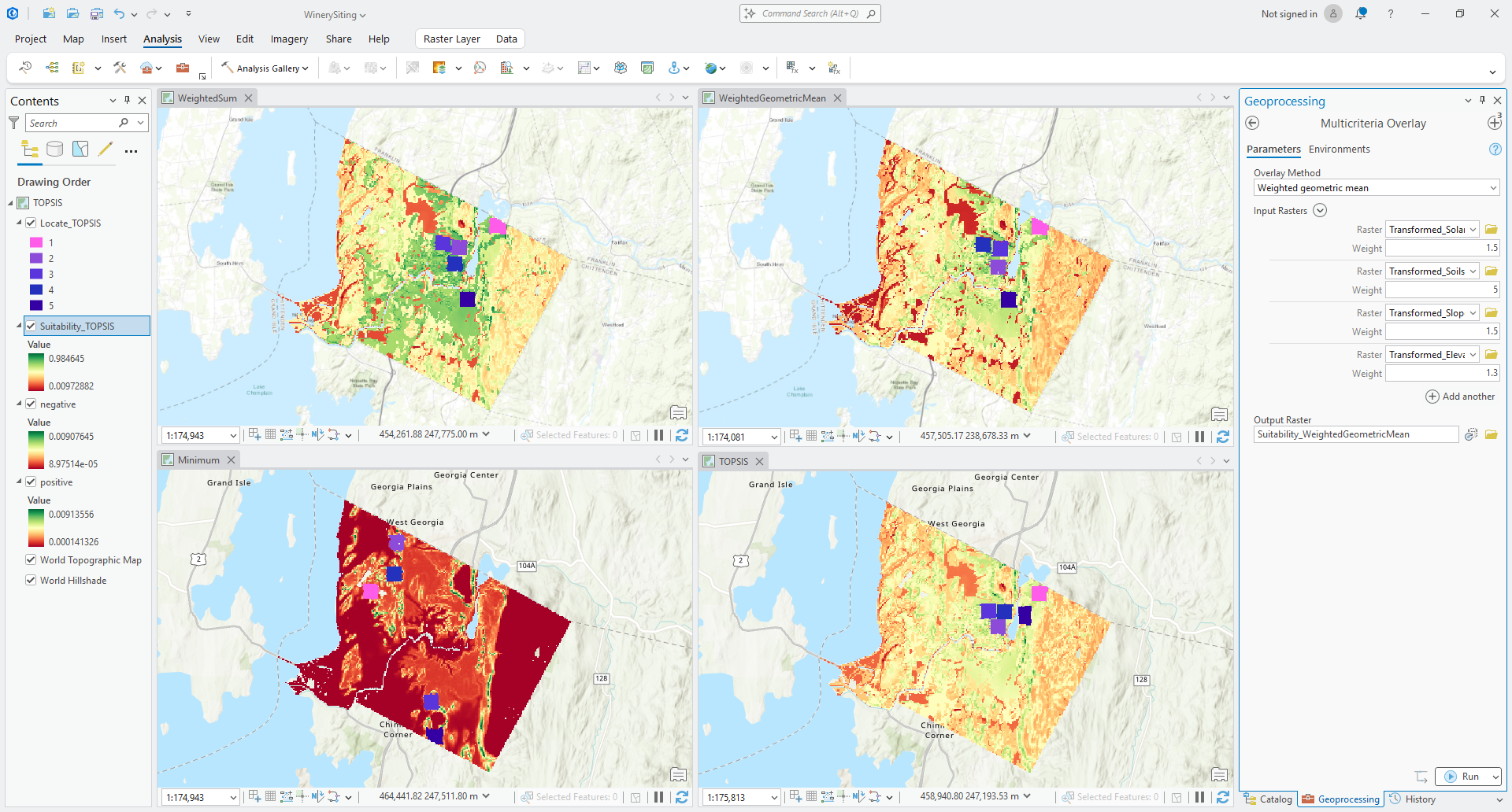 Comparing suitability and Locate Regions outputs across multiple overlay methods using the Multicriteria Overlay tool in ArcGIS Pro