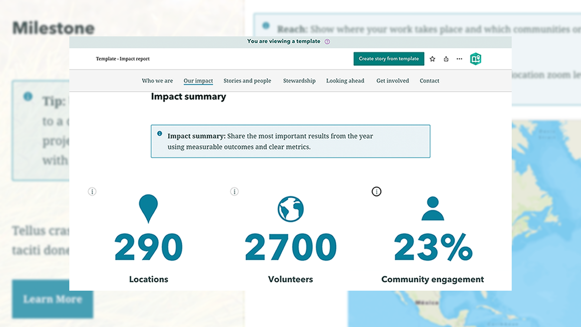 ArcGIS StoryMaps impact report template displays the "impact summary" section, including 290 locations, 2700 volunteers, and 23% community engagement.
