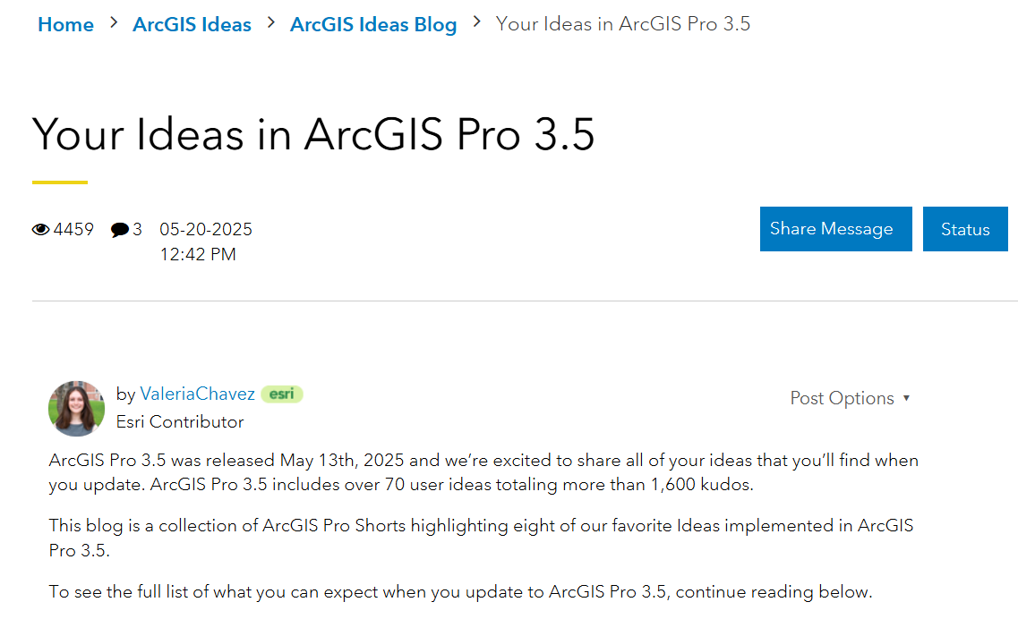 Screenshot of arcgis pro 3.5 community board overview