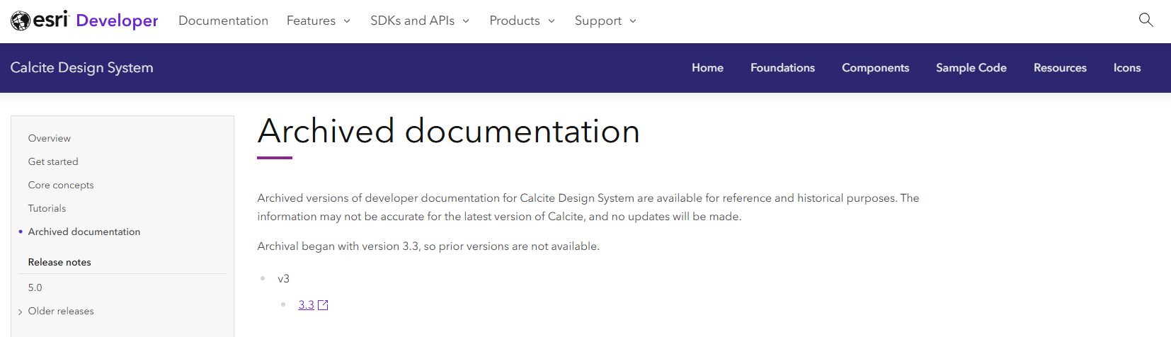Calcite Design System's archived documentation page