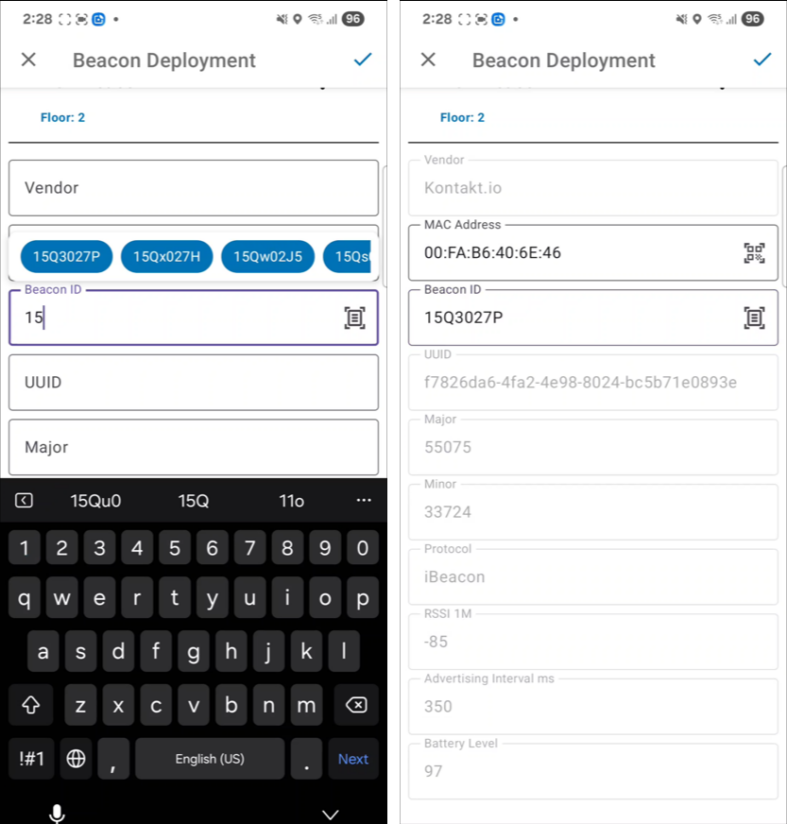 Screenshot of the IPS Setup app. When you enter or select a beacon identifier, the app suggests known beacon IDs and automatically populates the beacon attribute information.