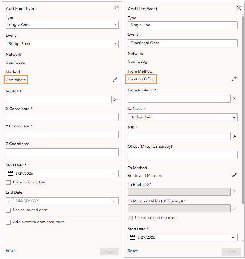 A screenshot highlighting the Coordinate and Location Offset methods in the Add Point Event and Add Line Event widgets.